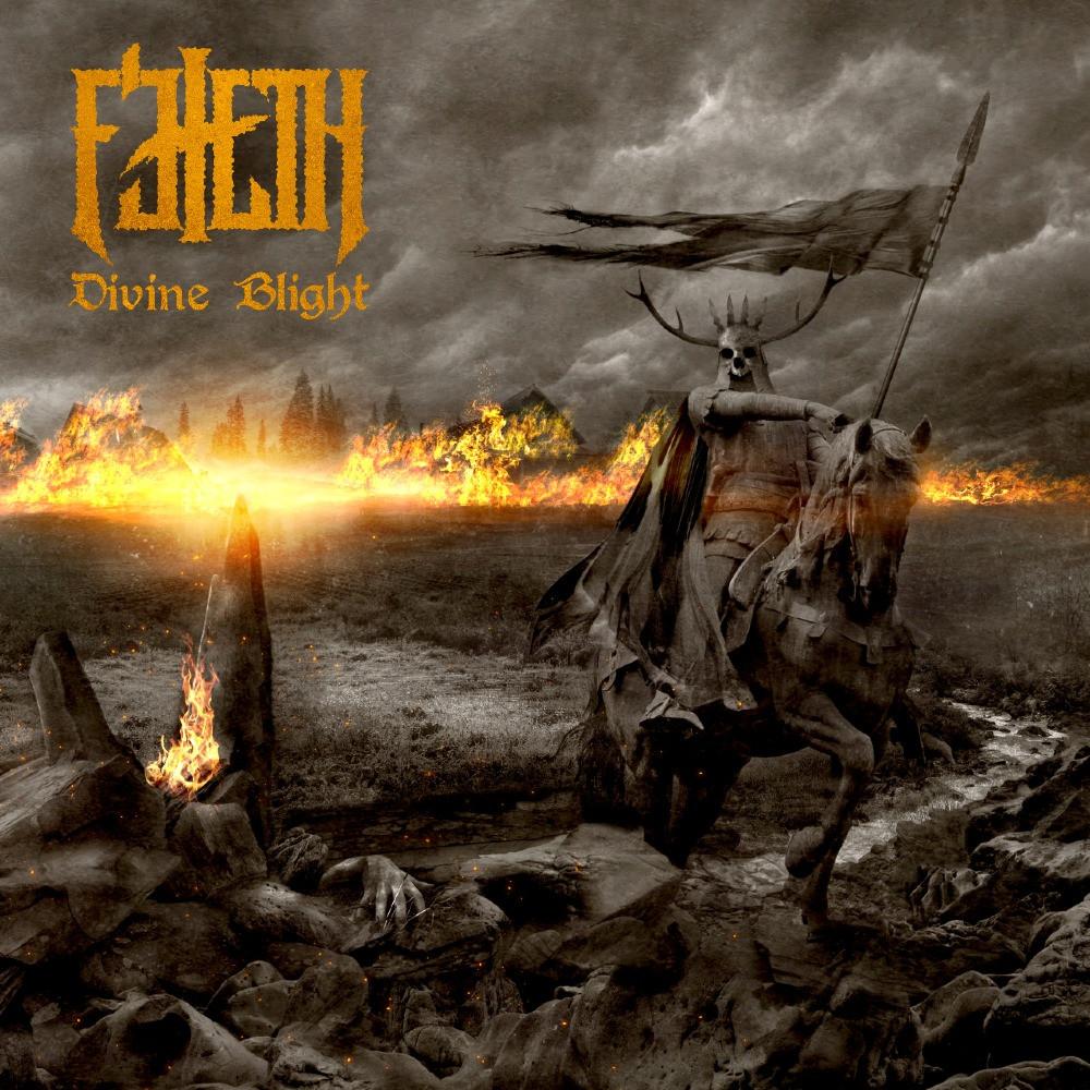 Cover art for Divine Blight by Feleth. Illustration of a dead horseman righting a horse with fire on the horizon.